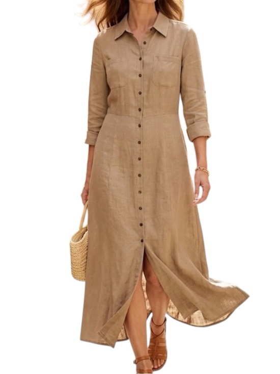 Soft Surroundings Dresses & Skirts - Soft Surroundings 100% Linen Tan Button-Front With Two Front Pockets Maxi Dress